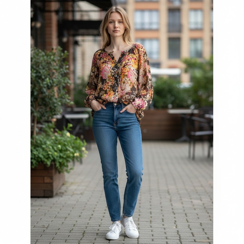 J. Jill Floral Top Womens 2X Brown Pintuck Split Neck Cottagecore Office Peasant